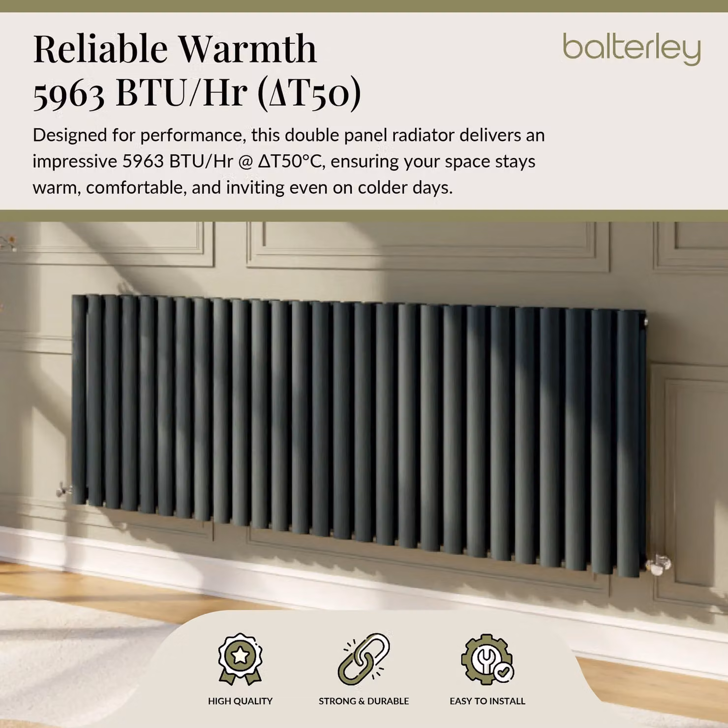 Balterley Embrace Horizontal Double Panel Radiator, Anthracite Grey, W: 157.2 cm, H: 60 cm – 3