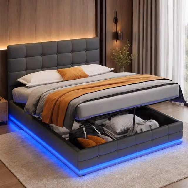 STILVORA Double Ottoman Bed with LED Under-Bed Lighting and Storage in Grey, W/D/H: 140 x 200 x 29 cm