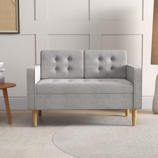 HOMCOM Modern 2 Seater Sofa with Hidden Storage and Wood Legs, Light Grey – 1