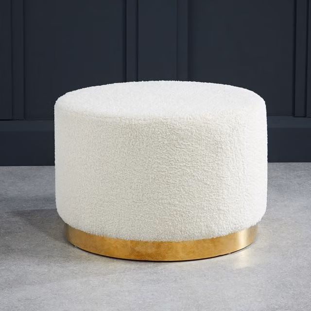 LPD Home Lara Boucle Fabric Pouffe in White and Gold