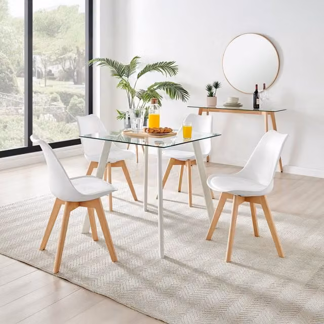 FurnitureboxUK Seattle Square Glass Dining Table with 4 Stockholm White Wooden Leg Chairs
