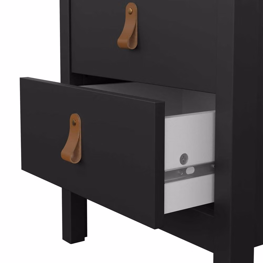Wyld Haus Wildberry Matt Black Bedside Table with 2 Drawers and Leather Strap Handles – 5