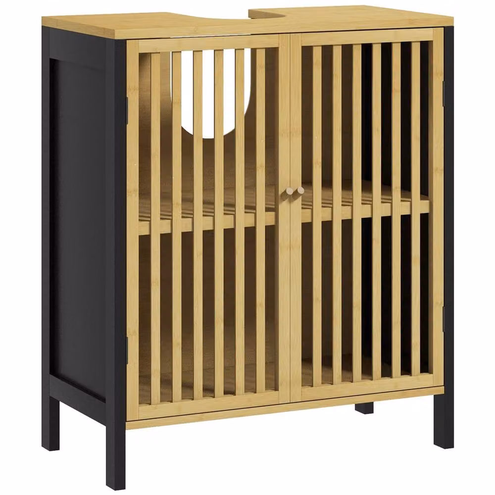 Wyld Haus Rotove Bamboo Style Under Sink Bathroom Cabinet in Black with Internal Shelves and Hinged Doors – 3