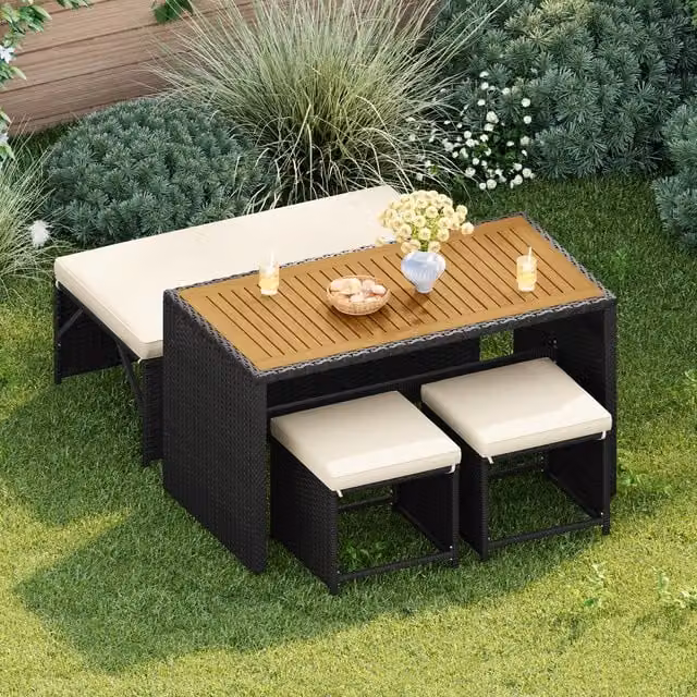 Yaheetech 4-Piece Modern Rattan Outdoor Dining Set with Rectangular Table, Bench and Chairs in Beige and White