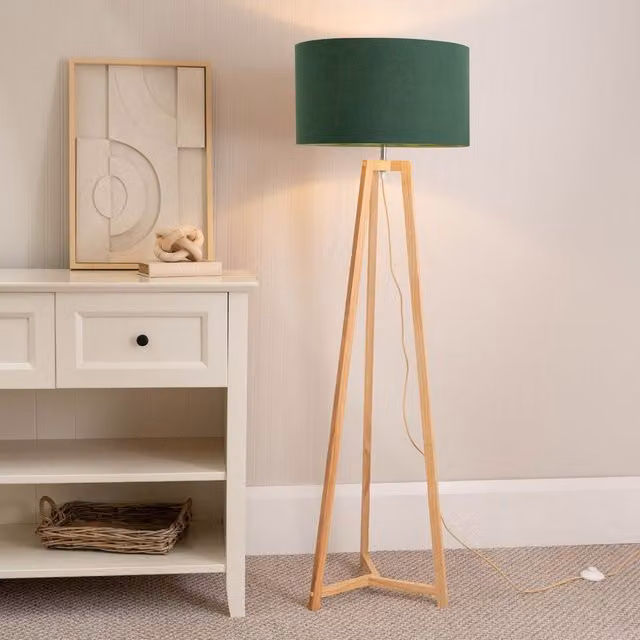 ValueLights Lottie Natural Wood Tripod Floor Lamp with Green Fabric Drum Shade, H 148 cm x W 45 cm x D 45 cm – 2