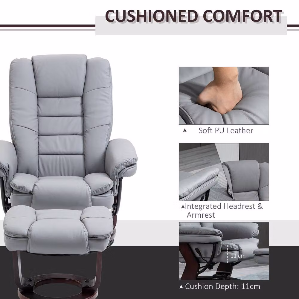 STILVORA Grey PU Leather Recliner Armchair with Matching Footstool – 6