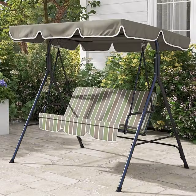 Outsunny 3-Person Metal Outdoor Porch Swing Chair Bench with Sun Canopy and Cushions, Green