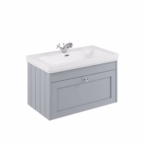 Balterley Wall Hung Single Drawer Vanity Unit with Rectangular Basin and Tap Hole, Grey, W: 80 cm, D: 45.3 cm, H: 43.1 cm