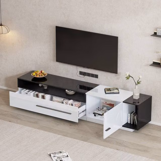 Merax 70 Inch High Gloss TV Stand Media Unit with Drawer and Shelves in White – 1