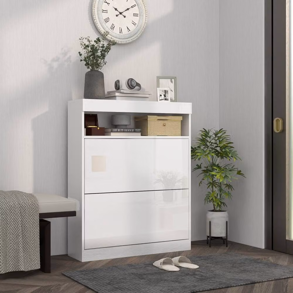 KORVIXA White Modern Freestanding or Wall Mounted Shoe Storage Cabinet with Tilting Compartments and Hinged Doors W/D/H: 100 x 20 x 100 cm – 2