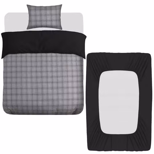 Grace 3 Piece Single Duvet Cover Set with Matching Black Fitted Sheet, Reversible Breathable Microfibre Bedding Set, Grey, W/D/H: 135 x 200 cm, Pillowcase: 50 x 75 cm, Fitted Sheet: 90 x 190 x 40 cm – 1