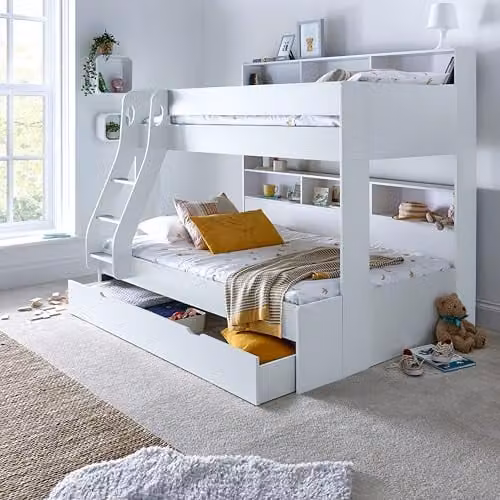 Bedmaster Oliver Two-Level Bunk Bed with Side Compartments and Spring Mattresses in White or Grey – 1
