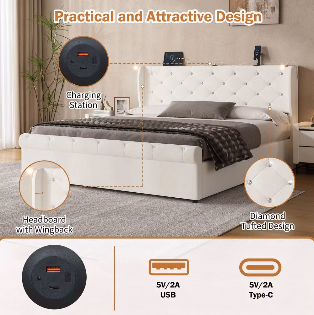 STILVORA King Bed Frame in Beige with Hydraulic Storage, USB Charging Port and Integrated Reading Light – 4