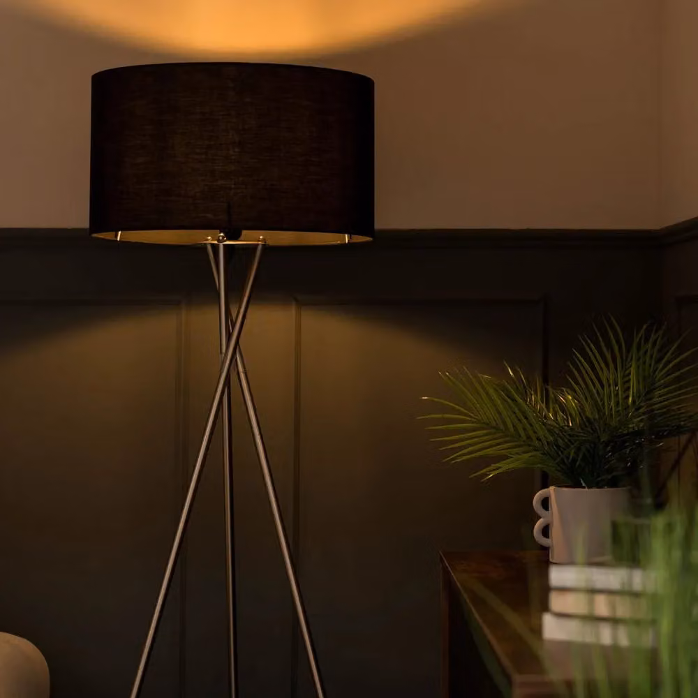 ValueLights Camden Modern Polished Chrome Metal Tripod Floor Lamp with Blue Fabric Cylinder Shade – 2