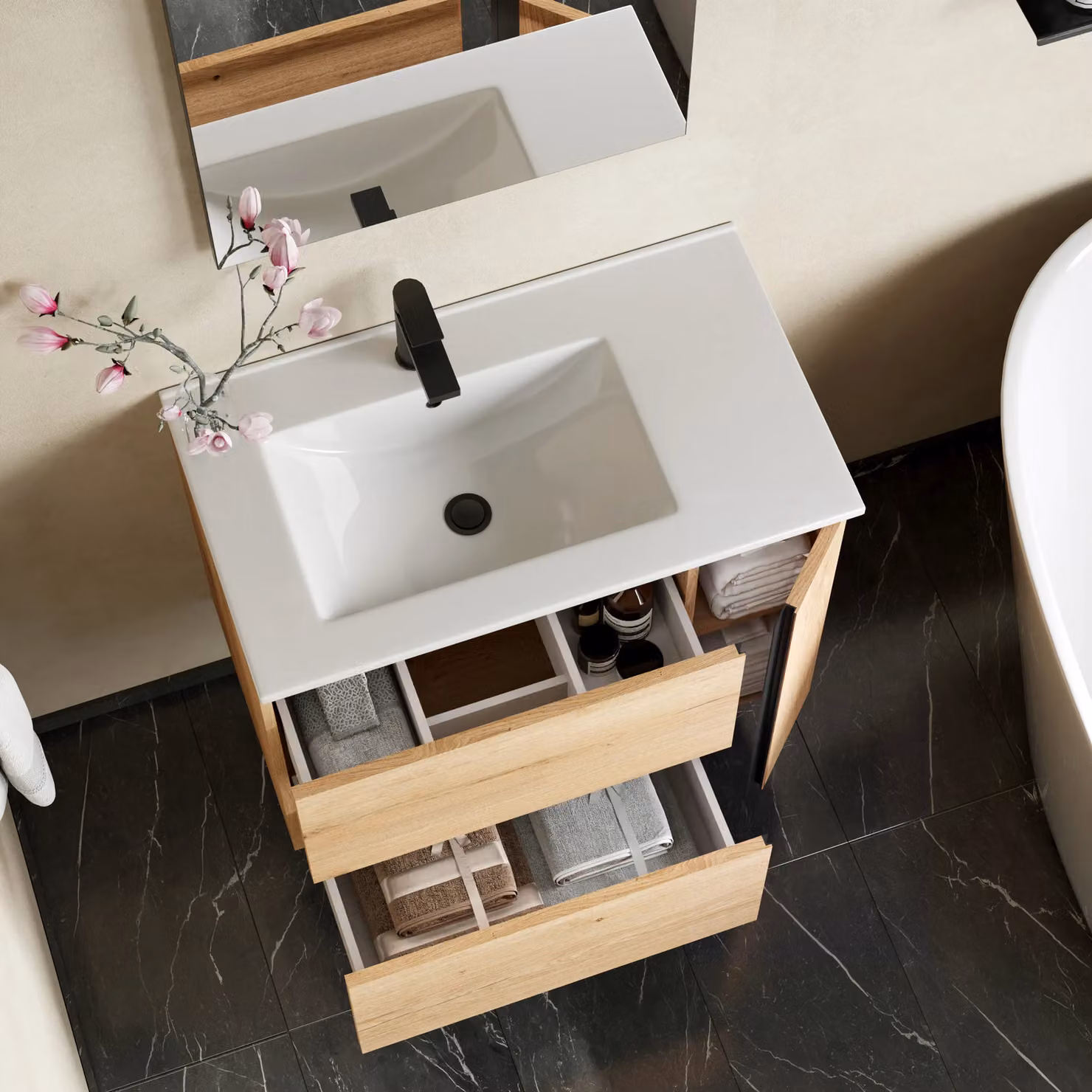 Banyetti Evora 800mm Wall Hung Vanity with Lira Offset Basin, Natural Oak in Light Brown – 2