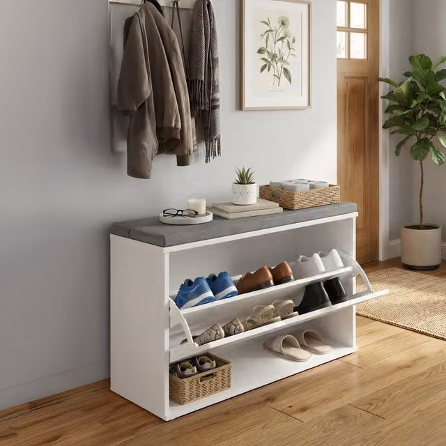 VASAGLE 3-Tier Shoe Storage Bench with Seat in White and Grey