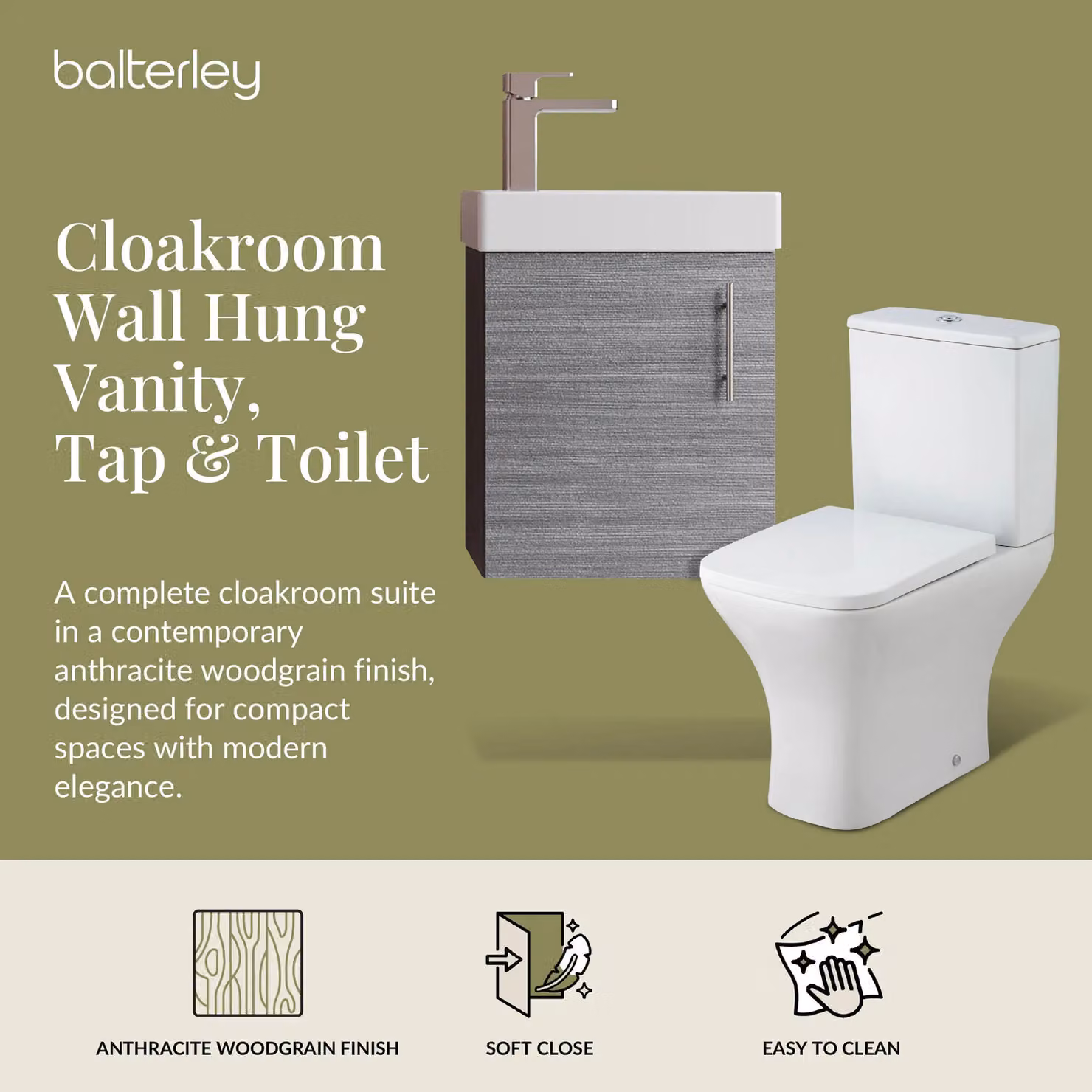 Balterley Wall Hung Vanity, Toilet, Cistern, Seat and Mini Tap Set in Anthracite and White with Chrome Details – 2