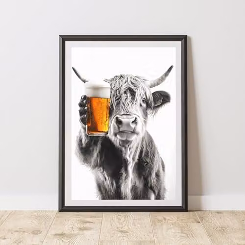 60 Second Makeover Funny Highland Cow Drinking Beer Paper Poster, A3
