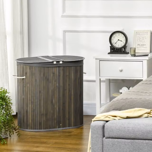 HOMCOM Bamboo Laundry Basket with Lid and 2 Sections, 100 Litres, Grey – 1