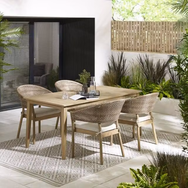 FurnitureboxUK Rustic Acacia Wood Outdoor Dining Set with Rectangular Table and 4 Wood Rattan Chairs in Brown with Beige Weather Resistant Cushions