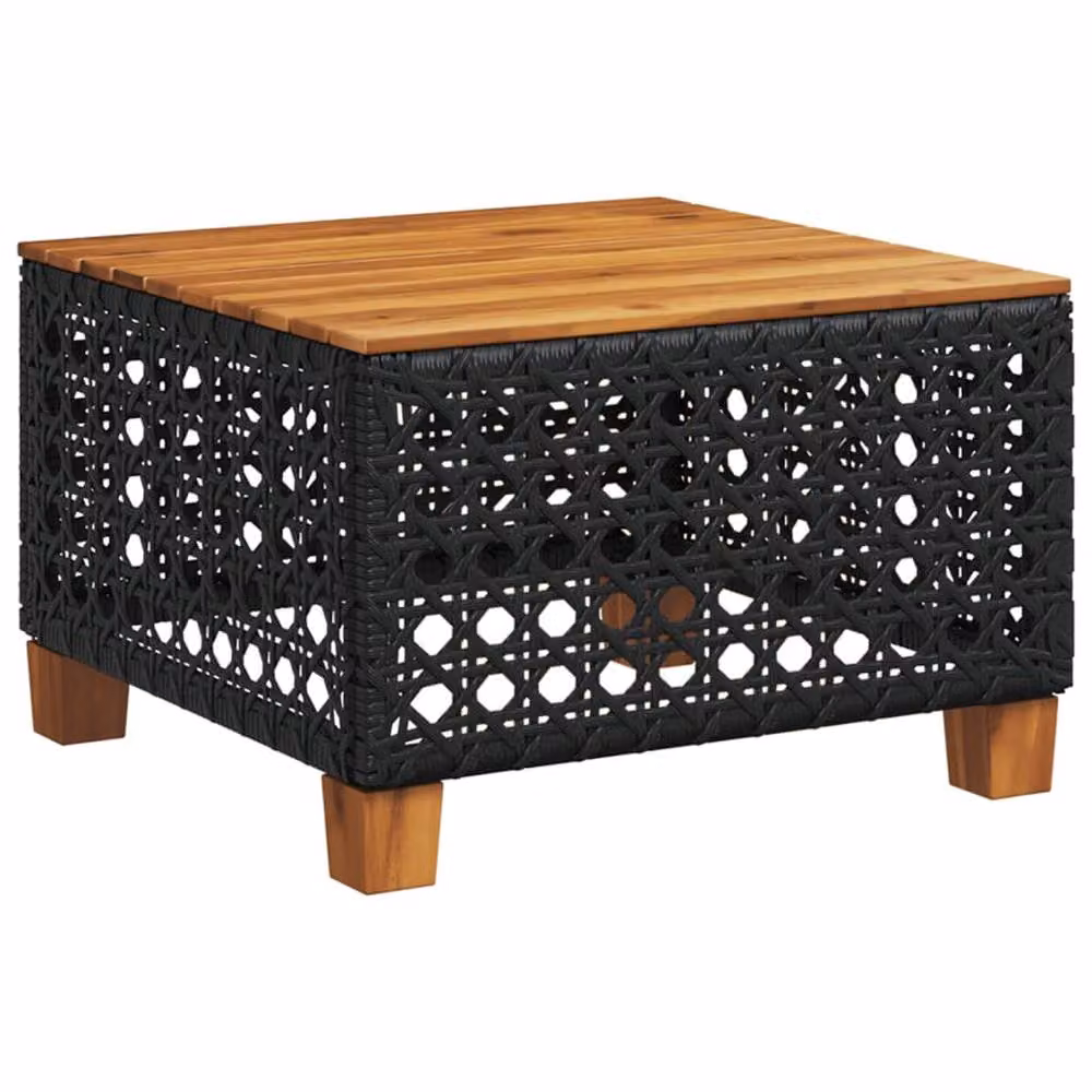 Berkfield Home Black Poly Rattan and Acacia Wood Square Garden Table W/D/H: 55 x 55 x 36 cm – 2