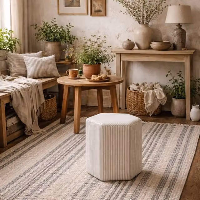 Wyld Haus Isabella Hexagon Upholstered Stool in Beige and White Stripe, W/D/H: 45.5 x 45.5 x 42 cm – 1