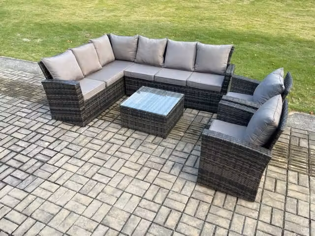 Fimous 8 Seater Rattan Garden Furniture Set with Corner Sofa, 2 Armchairs and Square Coffee Table in Dark Grey