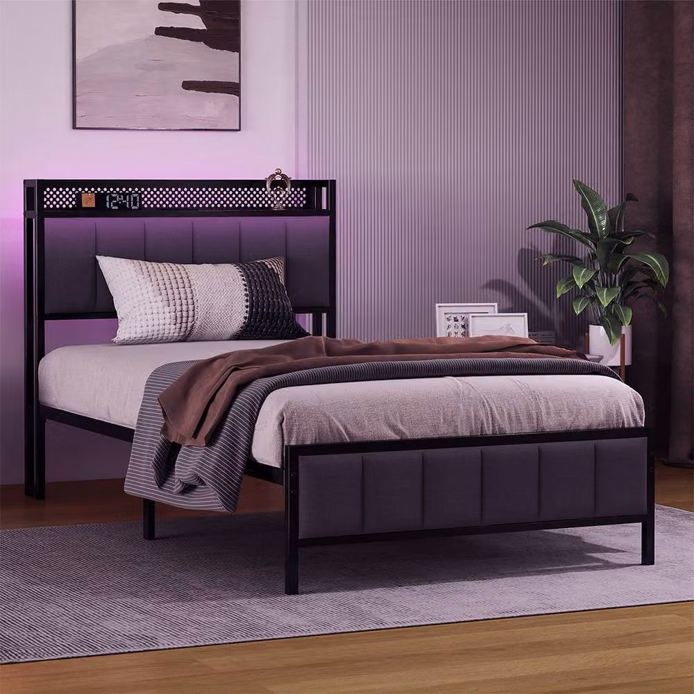 Levede Single Upholstered Bed Frame in Grey with LED Lighting and USB Charging Port, W/D/H: 90 x 200 x 100 cm – 2