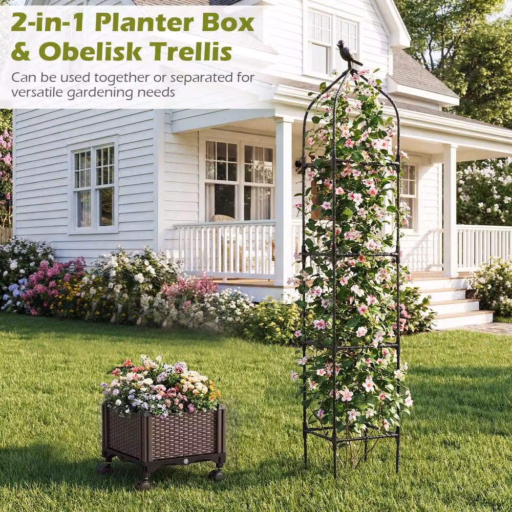 Costway 200 cm Raised Garden Bed Planter Box with Obelisk Trellis in Black – 4