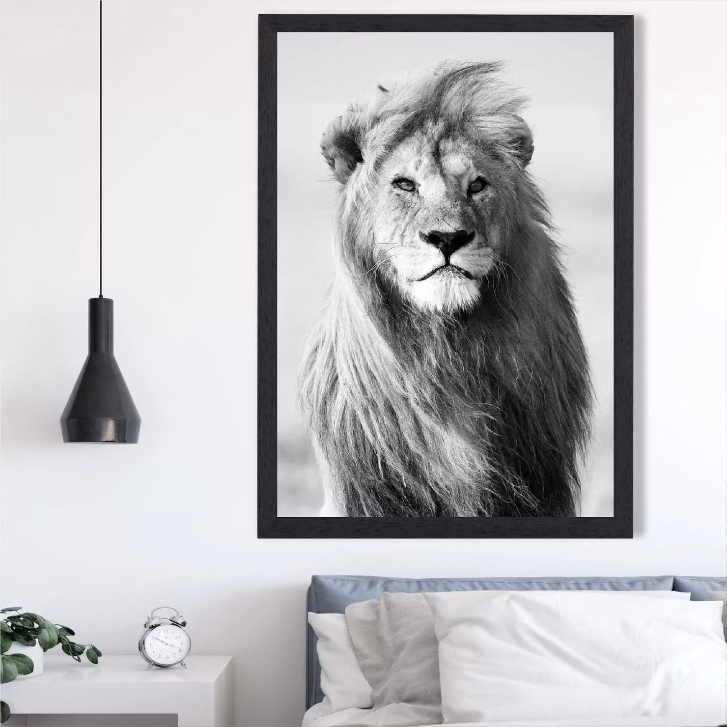 ARTZE Regal Lion Animal Black and White Framed Photo Print in Black Frame, A3 – 2