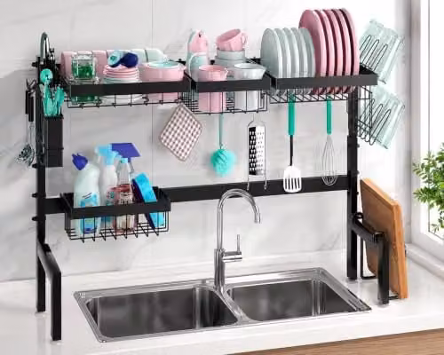 ATEK 2-Tier Expandable Over the Sink Dish Drainer Rack with Cup Holder and Utensil Holder, Black – 1