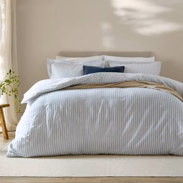 Yard Hebden Striped 100% Cotton Reversible Duvet Cover and Pillowcase Set in Blue, W/D/H: 200 x 200 cm