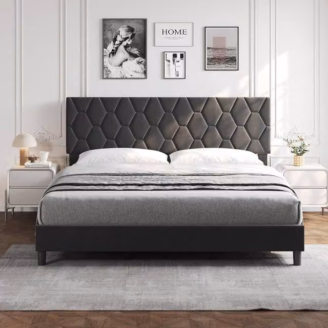 London Boutique Modern King Size Upholstered Platform Bed Frame with Geometric Headboard in Grey, W/D/H: 180 x 200 x 193.04 cm