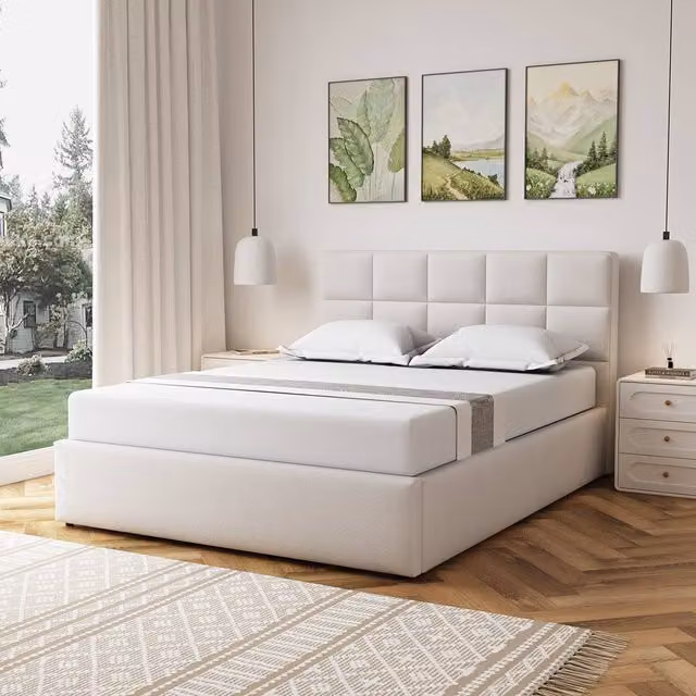 Artemis Home Richwood Upholstered Fabric Kingsize Ottoman Bed Frame with Storage, Beige, 150 x 200 cm