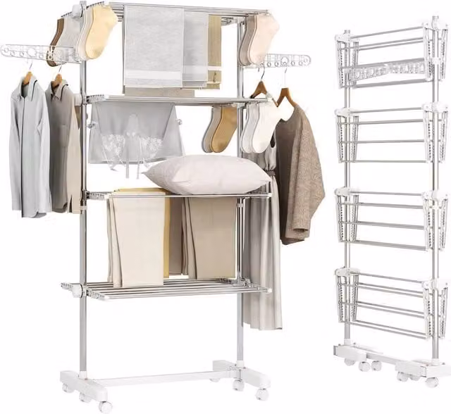 Kelvenix 4-Tier Large Foldable Stainless Steel Clothes Airer in Silver – 1