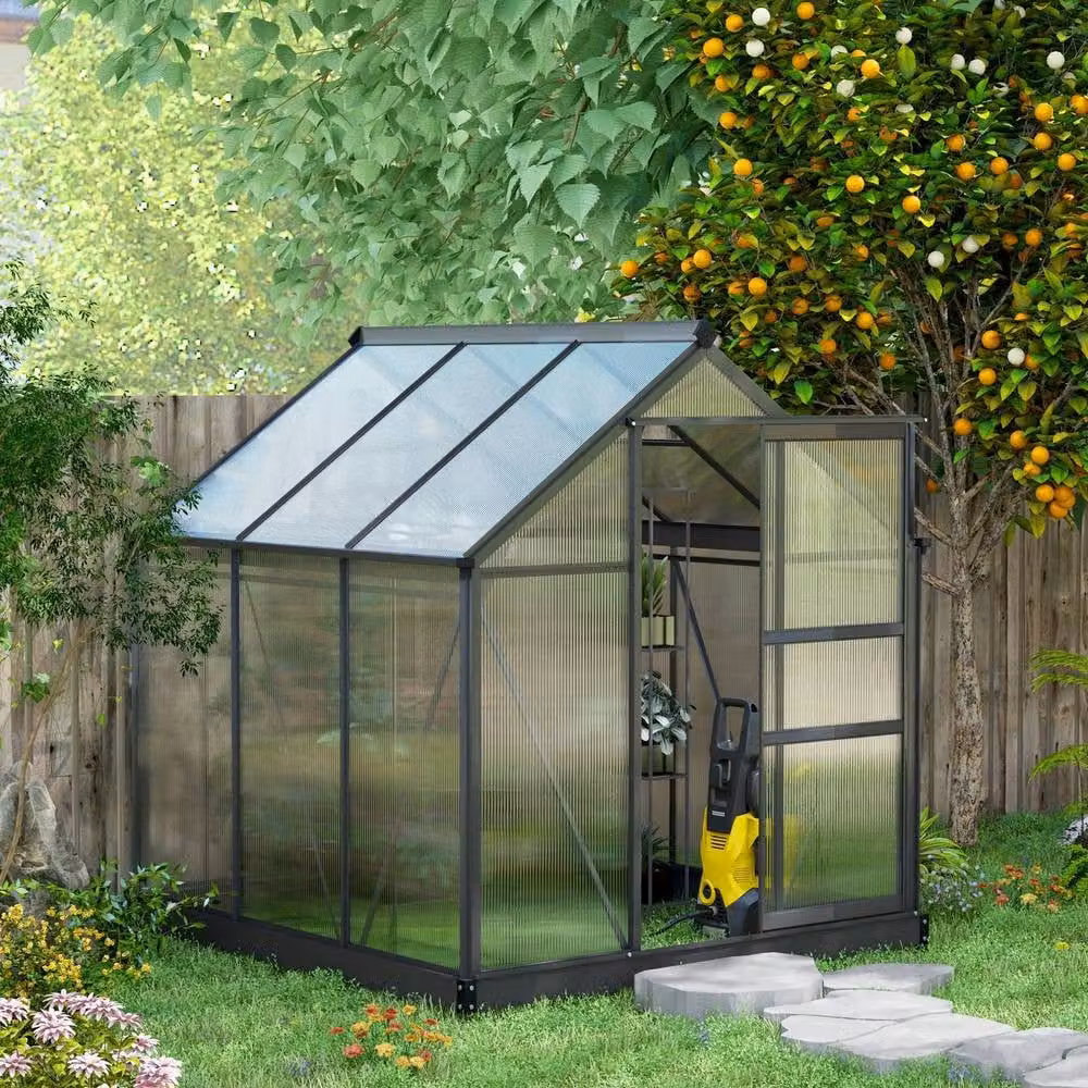 STILVORA Grey Aluminium Polycarbonate Greenhouse with Sliding Door, Window and Rain Gutter, W/D/H: 182.88 x 182.88 x 190 cm – 2