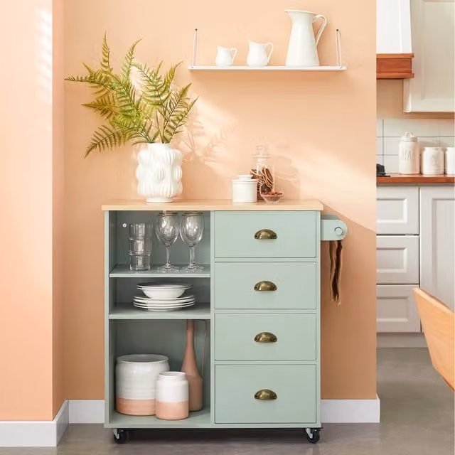 SoBuy Scandinavian Kitchen Trolley with 4 Drawers in Green Matt Wood and MDF