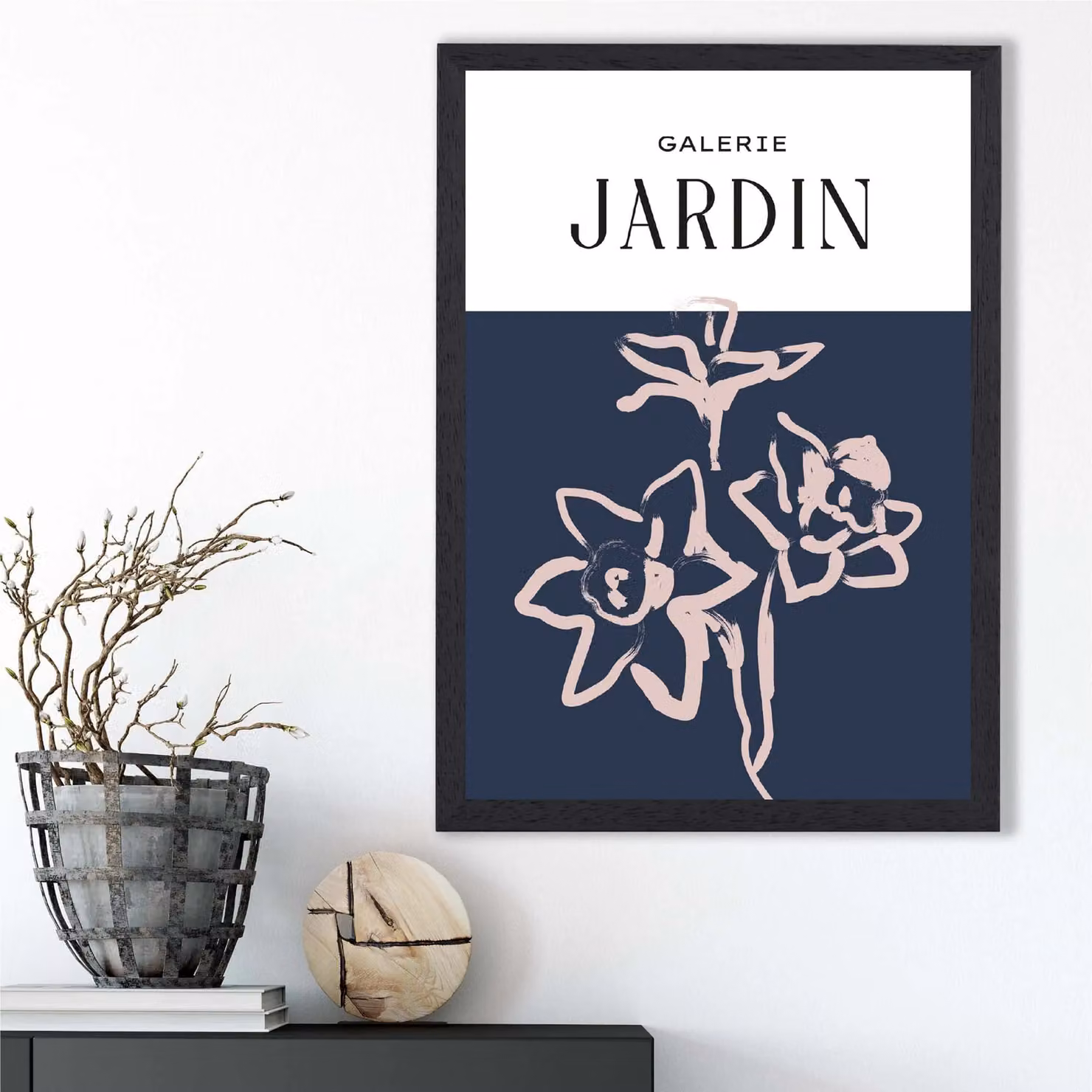 ARTZE Navy Blue and Blush Pink Boho Sketch Floral Framed Print with Black Frame – 2