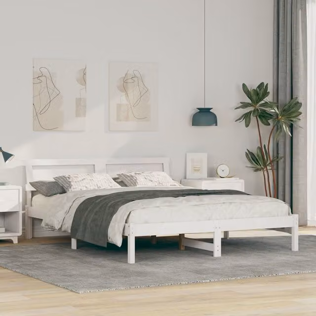 Berkfield Home Modern White Solid Pine Wood Bed with LED Strip Lights and Headboard W/D/H: 150 x 200 x 73 cm