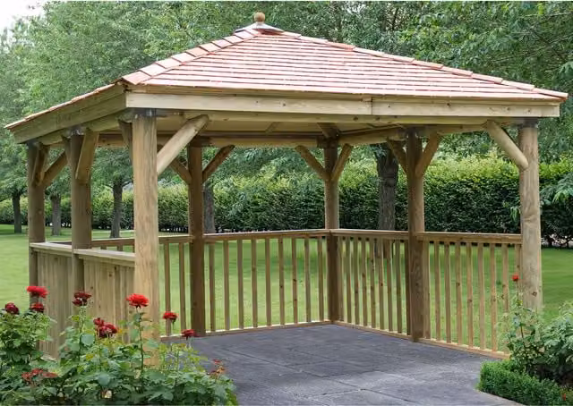 Forest Square Garden Gazebo in Brown Wood and Steel with Hip Roof