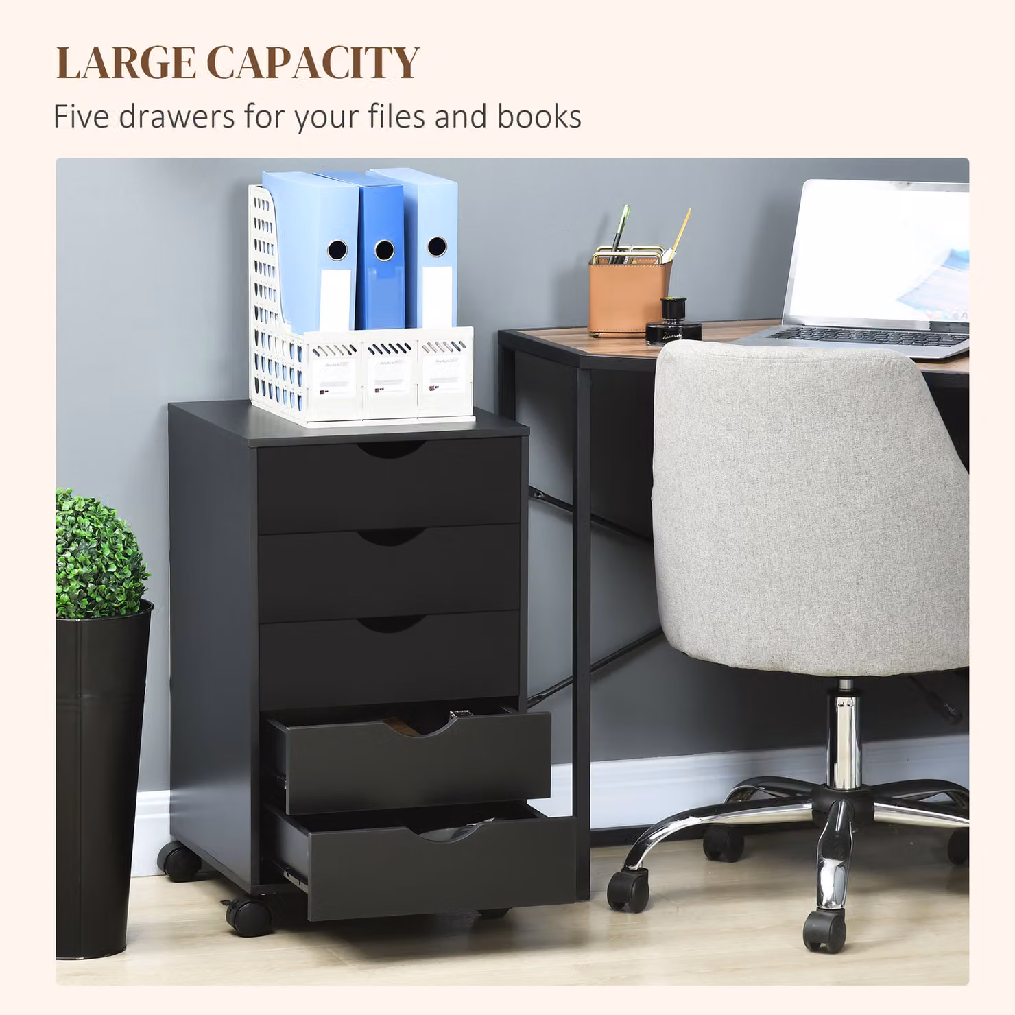 HOMCOM Modern 5 Drawer Mobile Filing Cabinet with Lock and Castors in Black – 4