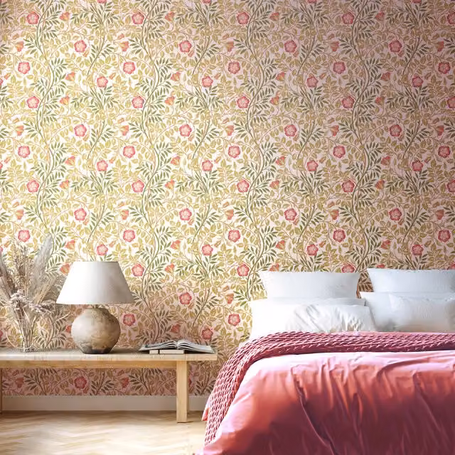 Hoopla Walls Rosehip Trail Floral Wall Art in Rose Pink and Yellow