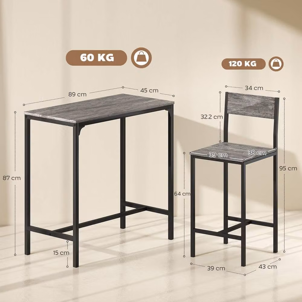STILVORA 3-Piece Industrial Bar Table Set with 2 Stools in Grey and Black – 3