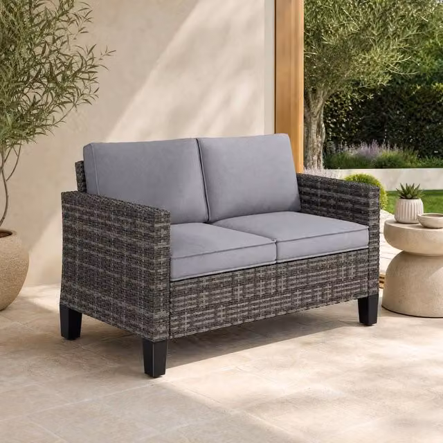 STILVORA Two-Seater Sofa with Cushions in Grey with Rattan and Steel Frame – 1
