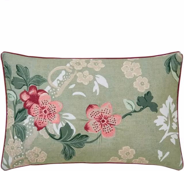English Heritage Eagle House Floral Embroidered Cotton Bolster Cushion in Green Mix
