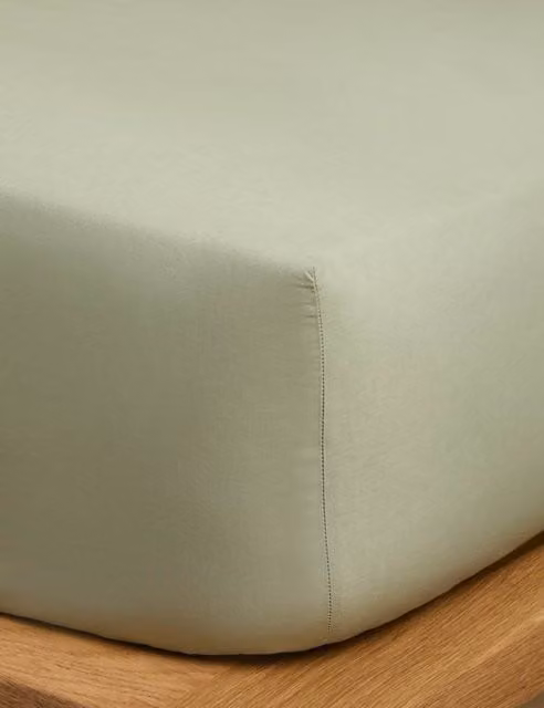 M&S x Fired Earth Washed Cotton Deep Fitted Sheet, Weald Green, 90 x 190 cm