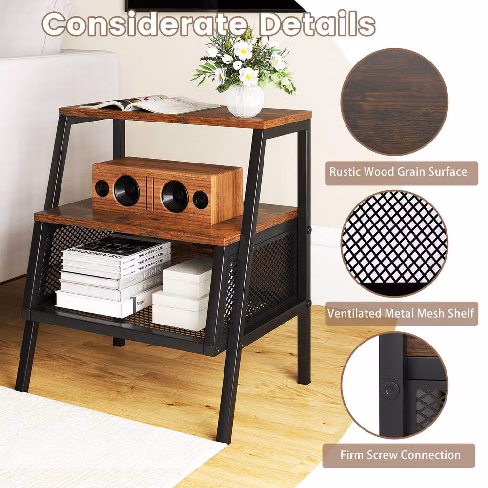 Costway Industrial 3-Tier Nightstand with 2 Open Shelves in Brown – 4
