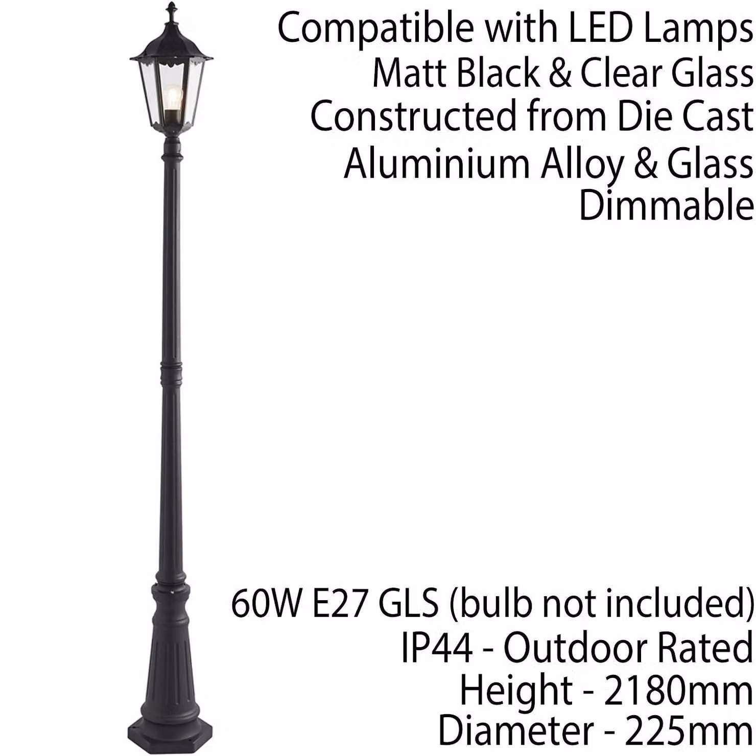 Loops Matt Black Aluminium Outdoor Post Lantern Bollard Light with Transparent Glass, Height: 218 cm – 2
