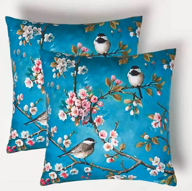 Homescapes Blue Floral Outdoor Cushion Set of 2, W/D/H: 45 x 45 x 45 cm