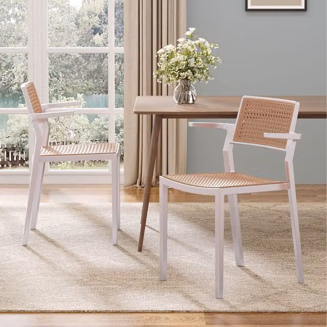Livingandhome Set of 4 Modern Rattan Dining Chairs with Armrests in White and Brown